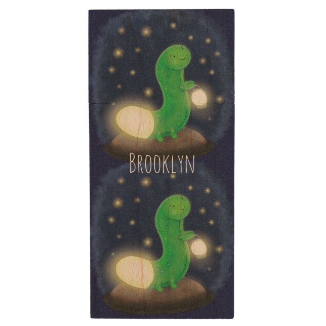 Cute green glow worm cartoon illustration wood flash drive (Front Vertical)