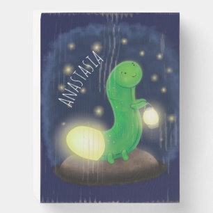 Cute green glow worm cartoon illustration wooden box sign