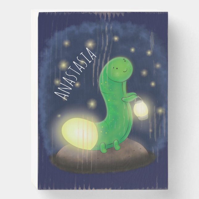 Cute green glow worm cartoon illustration wooden box sign (Front Vertical)