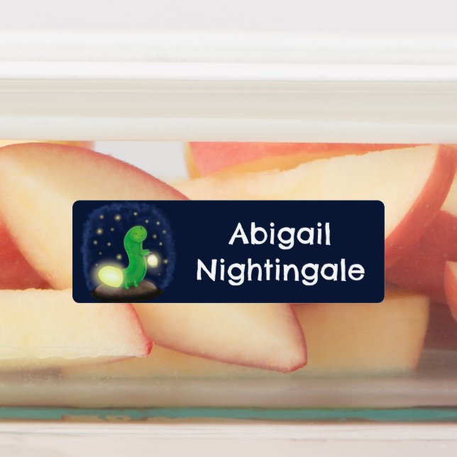 Cute green glow worm cartoon personalized labels (Affixed)