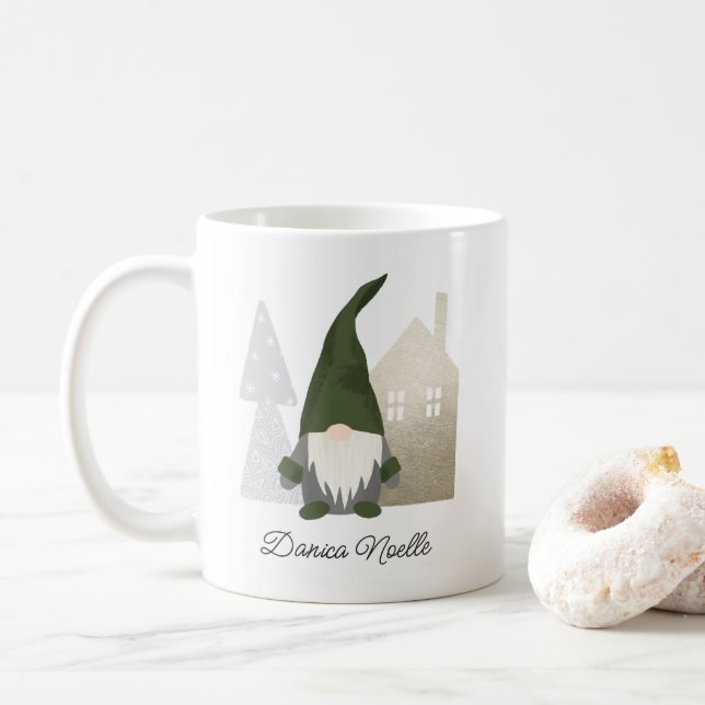 Cute Green Gnome and House | Name Christmas Coffee Mug (With Donut)