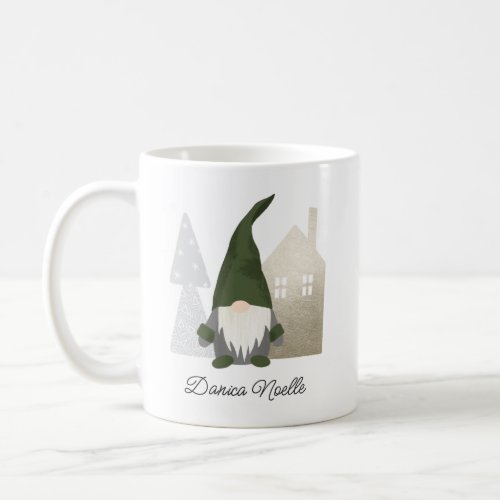 Cute Green Gnome and House  Name Christmas Coffee Mug