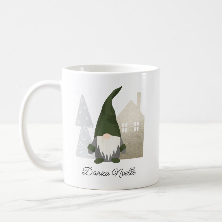 Cute Green Gnome and House | Name Christmas Coffee Mug