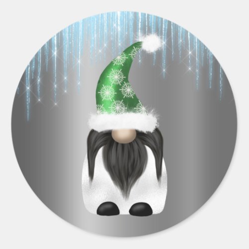 Cute Green Gnome Icicles Graphic Silver Christmas Classic Round Sticker