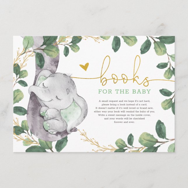 Cute Green Gold Greenery Elephant Books for Baby Enclosure Card (Front)