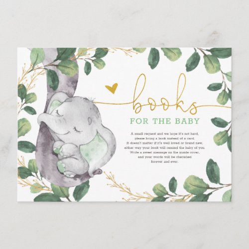 Cute Green Gold Greenery Elephant Books for Baby Enclosure Card