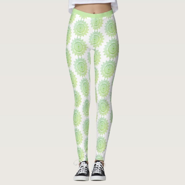 Cute Green Gold Mandala Pattern Elegant Pretty Leggings (Front)