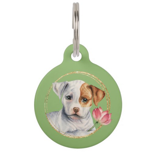 Cute Green  Gold Pitbull Puppy Watercolor Pet Name Tag