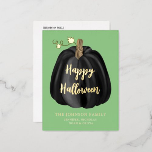 Cute Green Gold Pumpkin Happy Halloween Foil  Foil Holiday Postcard