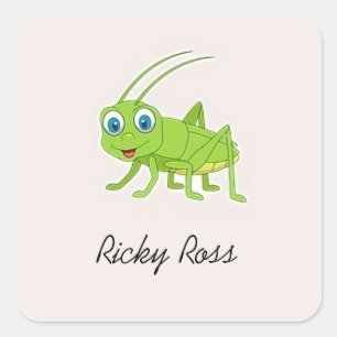Cute green grasshopper purple square sticker