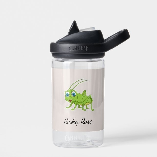 Cute green grasshopper purple water bottle (Left)