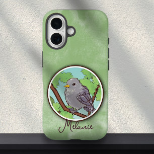 Cute Green Gray Bird Painting Custom Name iPhone 16 Case