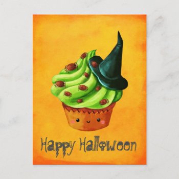 Cute Green Halloween Cupcake Postcard by partymonster at Zazzle