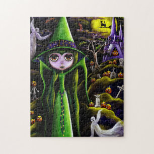 Cute Green Halloween Witch Ghosts Pumpkins Castle Jigsaw Puzzle