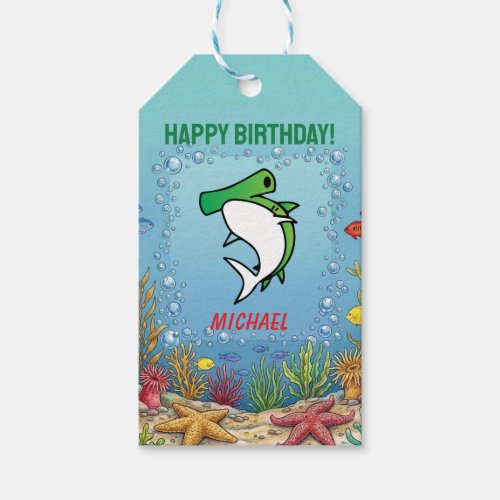 Cute Green Hammerhead Shark Birthday Favor Gift Tags