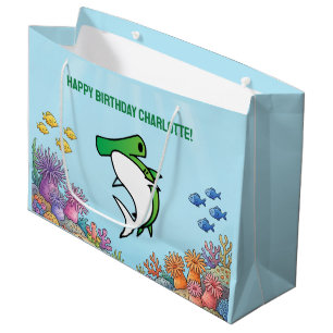 Cute Green Hammerhead Shark Kids Birthday  Large Gift Bag