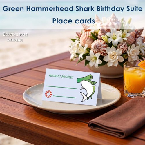 Cute Green Hammerhead Shark Ocean Birthday  Place Card