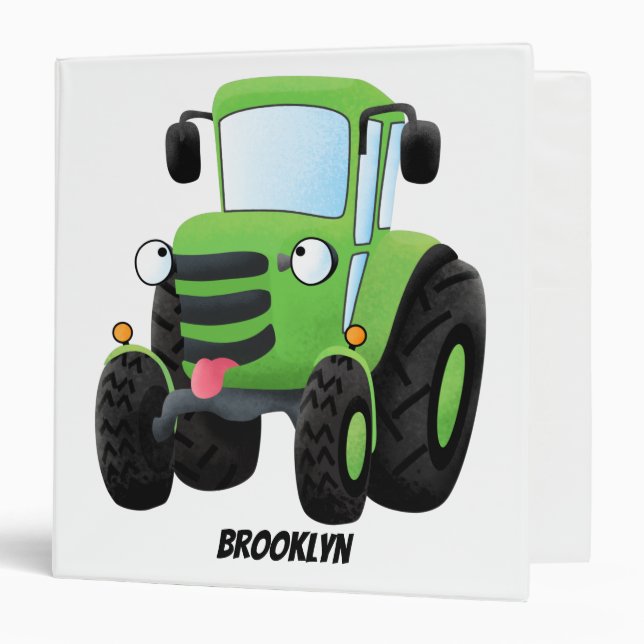 Cute green happy farm tractor cartoon illustration 3 ring binder (Front/Inside)