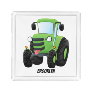 Cute green happy farm tractor cartoon illustration acrylic tray