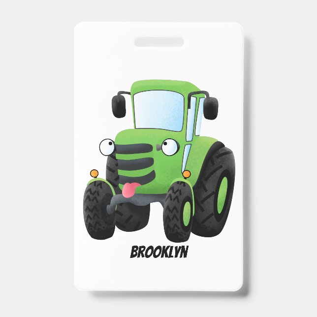Cute green happy farm tractor cartoon illustration badge (Front)