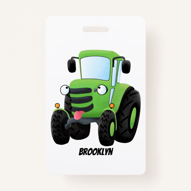 Cute green happy farm tractor cartoon illustration badge (Front)