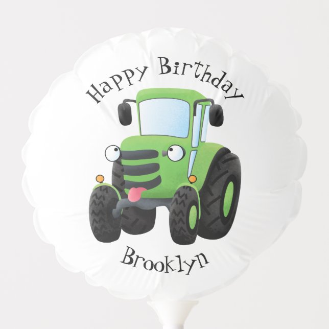 Cute green happy farm tractor cartoon illustration balloon (Front)