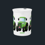 Cute green happy farm tractor cartoon illustration beverage pitcher<br><div class="desc">This cute green smiling tractor is ready for work on the farm! Drawn in fun cartoon illustration style.</div>