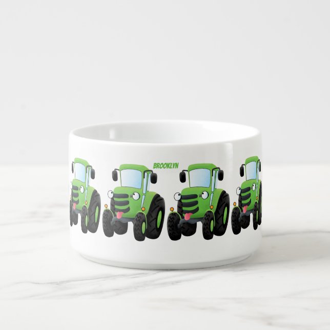 Cute green happy farm tractor cartoon illustration bowl (Center)
