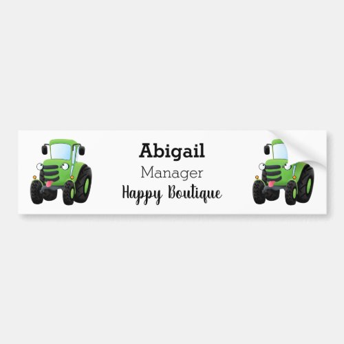 Cute green happy farm tractor cartoon illustration bumper sticker