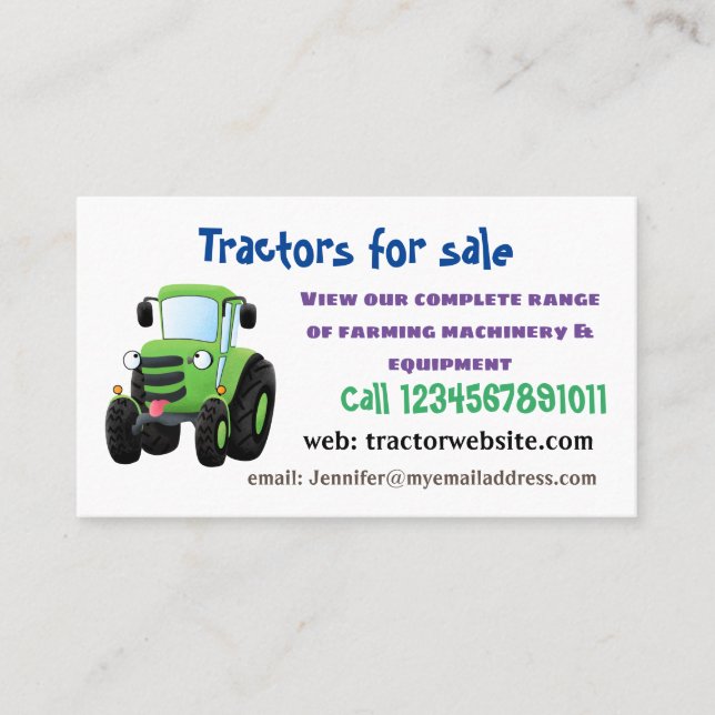 Cute green happy farm tractor cartoon illustration business card (Front)