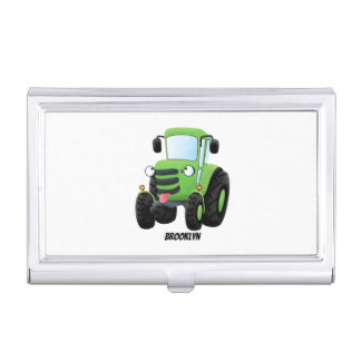 Cute green happy farm tractor cartoon illustration business card case