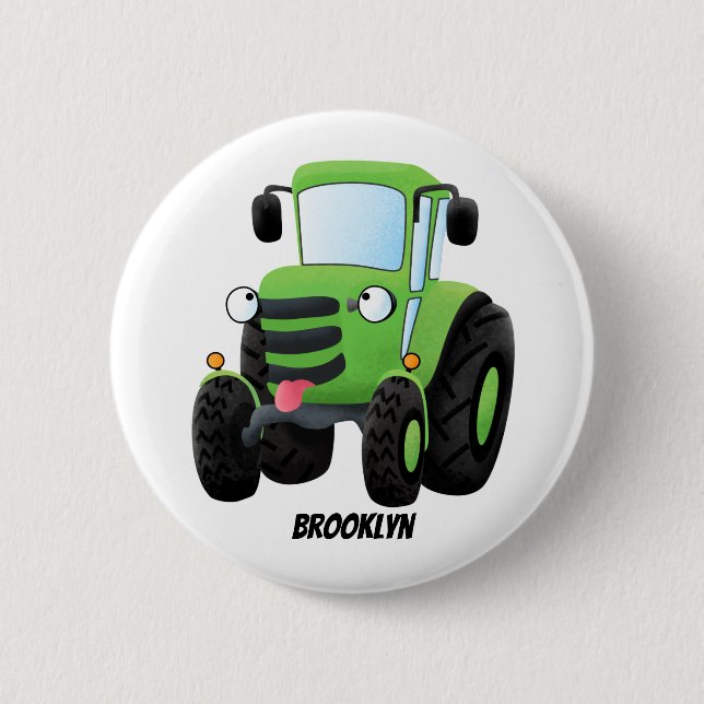 Cute green happy farm tractor cartoon illustration button (Front)