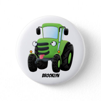 Cute green happy farm tractor cartoon illustration button