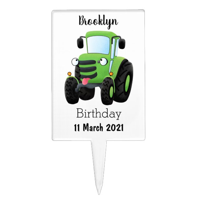 Cute green happy farm tractor cartoon illustration cake topper (Front)