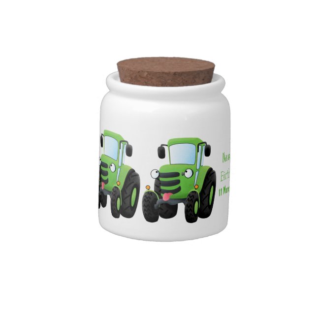 Cute green happy farm tractor cartoon illustration candy jar (Left)