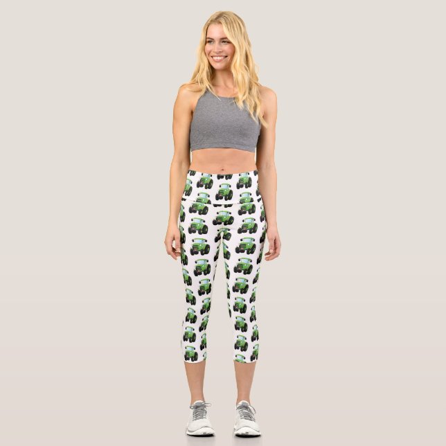 Cute green happy farm tractor cartoon illustration capri leggings (Front)