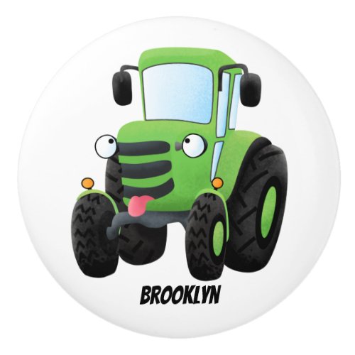 Cute green happy farm tractor cartoon illustration ceramic knob