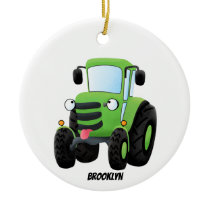 Cute green happy farm tractor cartoon illustration ceramic ornament