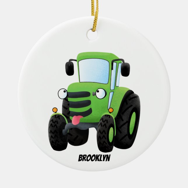 Cute green happy farm tractor cartoon illustration ceramic ornament (Front)