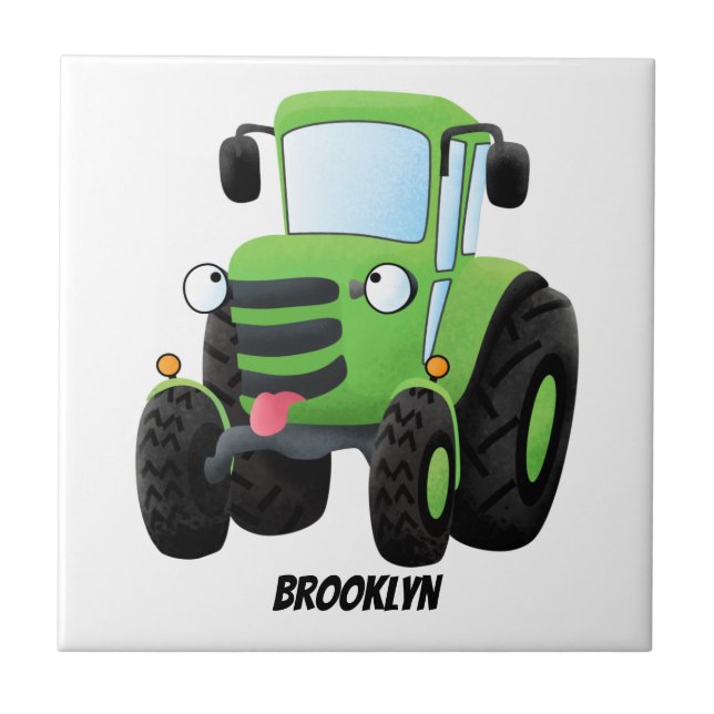 Cute green happy farm tractor cartoon illustration ceramic tile (Front)