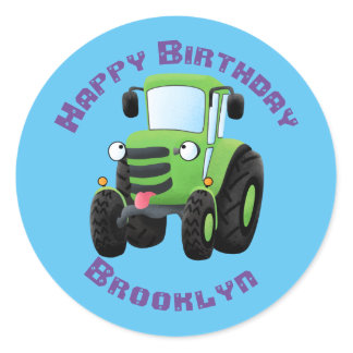 Cute green happy farm tractor cartoon illustration classic round sticker