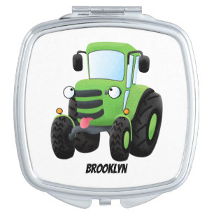 Cute green happy farm tractor cartoon illustration compact mirror
