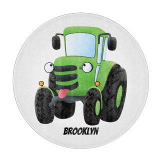 Cute green happy farm tractor cartoon illustration cutting board