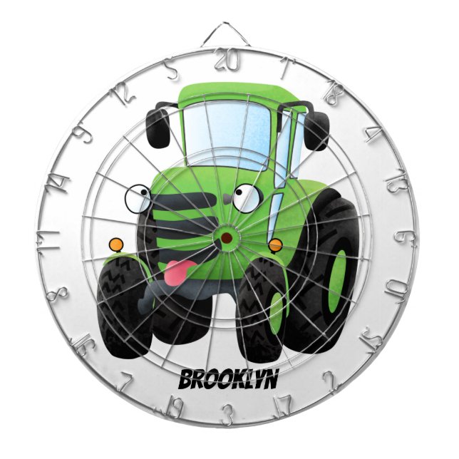 Cute green happy farm tractor cartoon illustration dart board (Front)