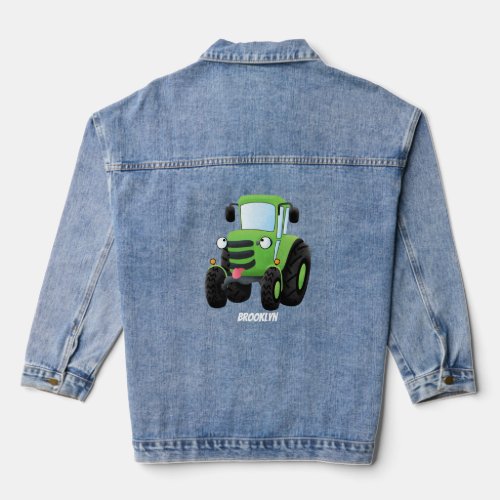 Cute green happy farm tractor cartoon illustration denim jacket