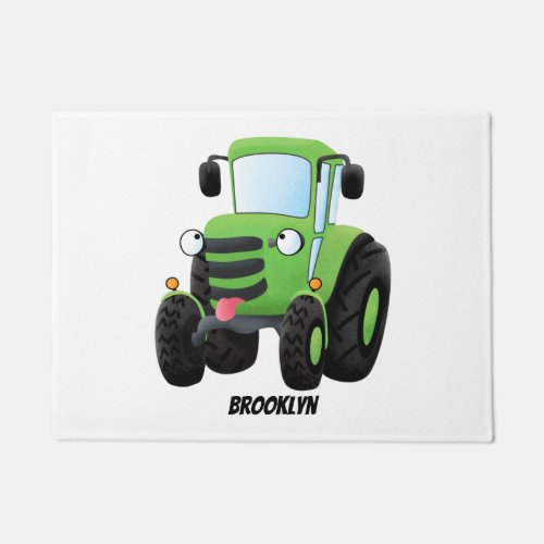 Cute green happy farm tractor cartoon illustration doormat