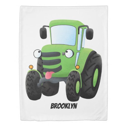 Cute green happy farm tractor cartoon illustration duvet cover