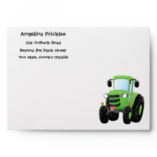 Cute green happy farm tractor cartoon illustration envelope