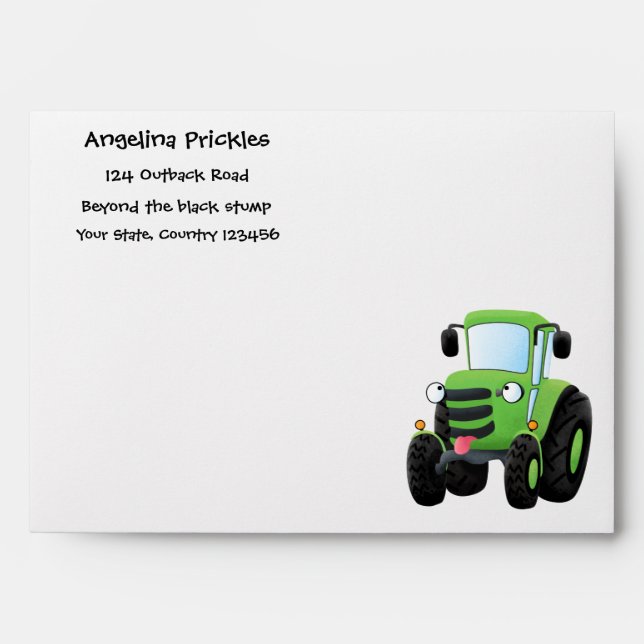 Cute green happy farm tractor cartoon illustration envelope (Front)