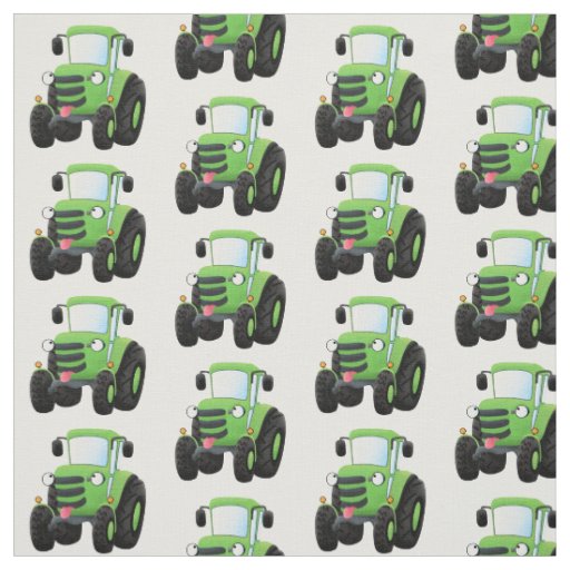 Cute green happy farm tractor cartoon illustration fabric